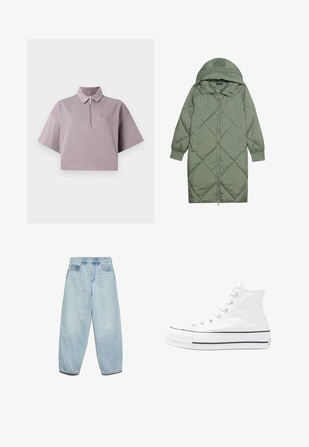 Quilted long green puffer coat with a hood, featuring a front zipper closure and two side pockets. Textured diamond pattern throughout.; Cropped polo shirt in light lavender, made of soft cotton, featuring a zippered front, short sleeves, and a subtle embroidered logo.; Light blue denim jeans featuring a relaxed fit, high waist, and wide legs with a slightly faded texture and classic five-pocket design.; White high-top canvas sneaker with black rubber sole, front rubber toe cap, and six eyelets for laces, featuring a clean, minimalist design.