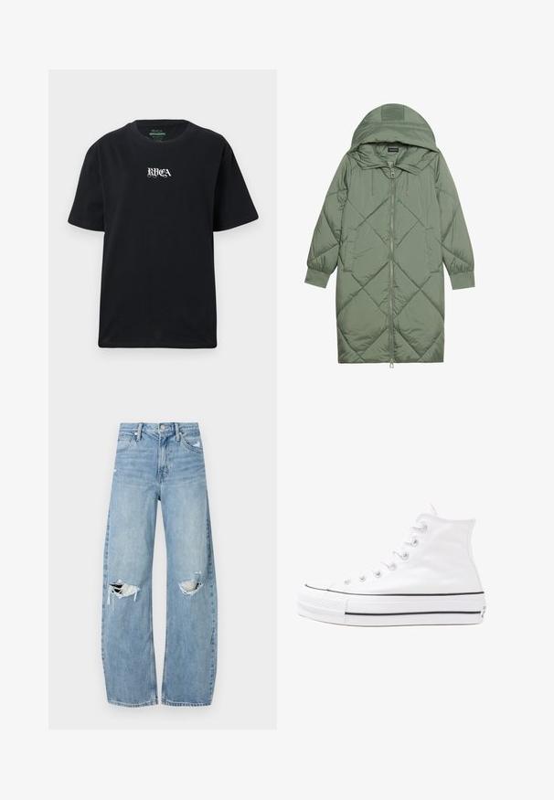 Cappotto lungo imbottito verde con un cappuccio, caratterizzato da una chiusura frontale a zip e due tasche laterali. Motivo a rombi testurizzati su tutta la superficie.; T-shirt in cotone nero con una vestibilità rilassata. Presenta un logo "RVCA" bianco stampato sulla parte anteriore. Maniche corte e design a girocollo.; Jeans azzurri chiari a vita alta realizzati in denim. Presentano gambe larghe, due aree strappate sulle ginocchia e il classico styling a cinque tasche.; Sneaker alta in tela bianca con suola in gomma nera, punta in gomma frontale e sei asole per i lacci, caratterizzata da un design pulito e minimalista.
