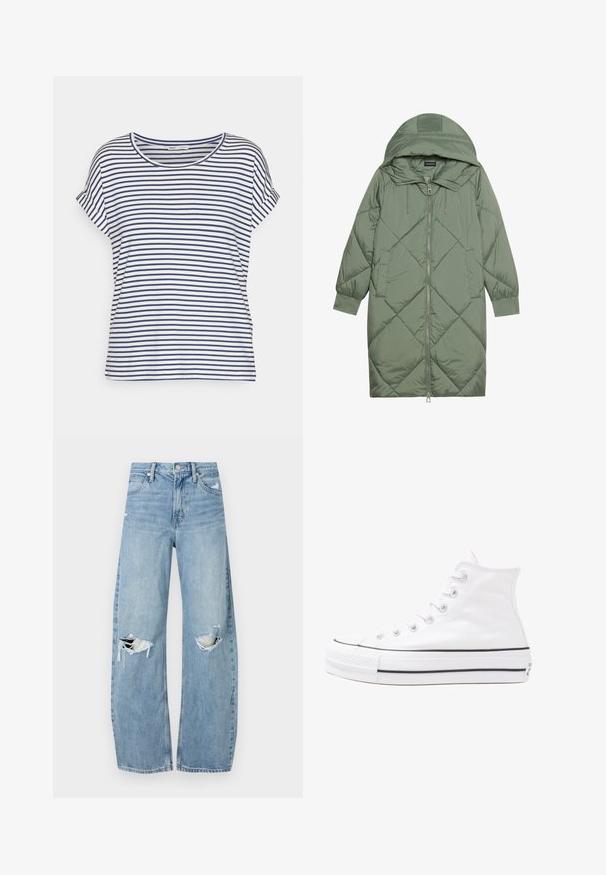 Quilted long green puffer coat with a hood, featuring a front zipper closure and two side pockets. Textured diamond pattern throughout.; Striped short-sleeve T-shirt in white and navy, featuring a round neckline and relaxed fit, made from soft cotton fabric.; Light blue, high-waisted jeans made of denim. Feature wide legs, two torn knee areas, and classic five-pocket styling.; White high-top canvas sneaker with black rubber sole, front rubber toe cap, and six eyelets for laces, featuring a clean, minimalist design.