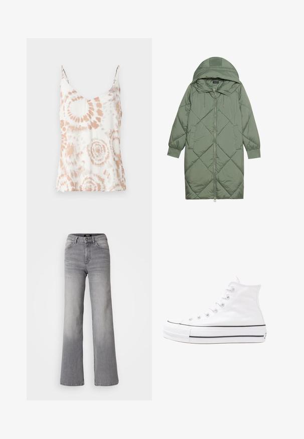 Vadderad lång grön pufferjacka med huva, med en framsidan dragkedjestängning och två sidofickor. Strukturerad diamantmönster över hela plagget.; Vit linne med V-ringning, delikata spaghetti band och ett persiko tie-dye mönster. Lätt, mjuk textur med en svävande design.; Högmidjade raka grå denimjeans med framknapp och dragkedja, fram- och bakfickor samt urtvättad nyans på låren och vristerna.; Vit hög topp canvas sneaker med svart gummisulan, framsidan gummitåhätta och sex öglor för snören, med en ren, minimalistisk design.