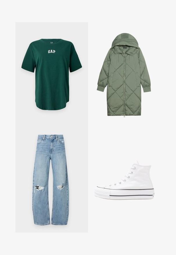 Izšūts garš zaļš pūšļa mētelis ar kapuci, ar priekšējo rāvējslēdzēju un divām sānu kabatām. Visā virsmā ir teksturēta dimanta raksts.; Zaļa pārāk liela t-krekls, izgatavots no kokvilnas, ar noapaļotu apkakli un īsām piedurknēm. Baltais "GAP" logo iešūts krūtīs.; Gaiši zili, augstās vidukļa džinsi, kas izgatavoti no denima. Iespējas plašas kājas, divas plēstas ceļa daļas un klasiskā piecu kabatu dizains.; Balti augstie kanvas sporta apavi ar melnu gumijas zoli, priekšējo gumijas purngalu un sešām acīm lencēm, kuriem ir tīrs, minimālistisks dizains.