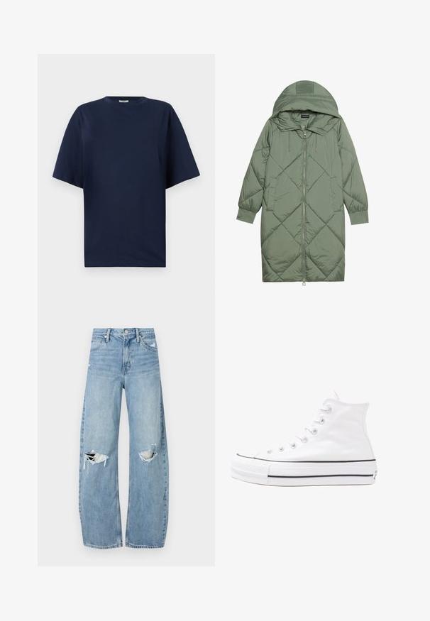 Quiltuotas ilgas žalias pūkinis paltas su kapuce, turintis priekinį užtrauktuką ir dvi šonines kišenes. Visame paviršiuje yra tekstūrinis rombų raštas.; Tamsiai mėlyna medvilnės marškinėliai su apvali kaklo iškirpte, trumpomis rankovėmis ir laisvu siluetu. Lygus audinys, be raštų ar puošmenų.; Šviesiai mėlynos, aukštu juosmeniu džinsai pagaminti iš džinsinio audinio. Turi plačias kojų kelnes, dvi suplėšytas kelio vietas ir klasikinį penkių kišenių dizainą.; Balti aukštakulniai drobės sportbačiai su juodu guminio pado, priekinio guminio piršto dangteliu ir šešiais akytėmis raištams, pasižymintys švariu, minimalistiniu dizainu.