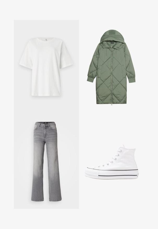 Vadderad lång grön pufferjacka med huva, med en framsidan dragkedjestängning och två sidofickor. Strukturerad diamantmönster över hela plagget.; Vit kortärmad t-shirt i bomull. Rund halsringning och avslappnad passform. Slät textur utan synliga mönster eller hårdvarudetaljer.; Högmidjade raka grå denimjeans med framknapp och dragkedja, fram- och bakfickor samt urtvättad nyans på låren och vristerna.; Vit hög topp canvas sneaker med svart gummisulan, framsidan gummitåhätta och sex öglor för snören, med en ren, minimalistisk design.