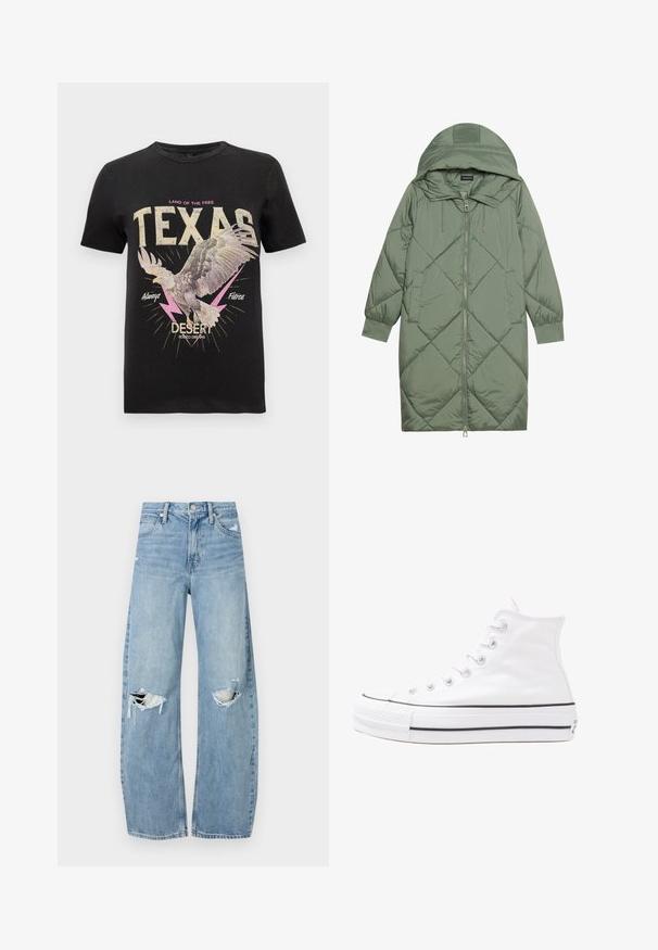 Izšūts garš zaļš pūšļa mētelis ar kapuci, ar priekšējo rāvējslēdzēju un divām sānu kabatām. Visā virsmā ir teksturēta dimanta raksts.; Melna kokvilnas T-krekls ar pūķa grafiku, drosmīgs teksts "TEXAS" krēmkrāsā un rozā, zibens akcenti un vintage dizains.; Gaiši zili, augstās vidukļa džinsi, kas izgatavoti no denima. Iespējas plašas kājas, divas plēstas ceļa daļas un klasiskā piecu kabatu dizains.; Balti augstie kanvas sporta apavi ar melnu gumijas zoli, priekšējo gumijas purngalu un sešām acīm lencēm, kuriem ir tīrs, minimālistisks dizains.