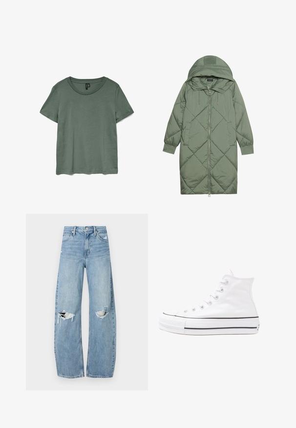 Izšūts garš zaļš pūšļa mētelis ar kapuci, ar priekšējo rāvējslēdzēju un divām sānu kabatām. Visā virsmā ir teksturēta dimanta raksts.; Zaļš īsām piedurknēm T-krekls ar apaļu kakla izgriezumu un maigu, gludu tekstūru. Iezīmē brīvu piegriezumu un taisnu apakšmali.; Gaiši zili, augstās vidukļa džinsi, kas izgatavoti no denima. Iespējas plašas kājas, divas plēstas ceļa daļas un klasiskā piecu kabatu dizains.; Balti augstie kanvas sporta apavi ar melnu gumijas zoli, priekšējo gumijas purngalu un sešām acīm lencēm, kuriem ir tīrs, minimālistisks dizains.