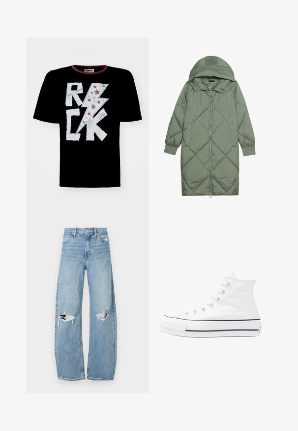 Izšūts garš zaļš pūšļa mētelis ar kapuci, ar priekšējo rāvējslēdzēju un divām sānu kabatām. Visā virsmā ir teksturēta dimanta raksts.; Melnā T-kreklā ir baltas un sarkanās zibens formas dizains ar tekstu "ROCK", rotāts ar sarkanām zvaigznēm. Tas ir ar apaļu apkakli un kontrastējošu apdari.; Gaiši zili, augstās vidukļa džinsi, kas izgatavoti no denima. Iespējas plašas kājas, divas plēstas ceļa daļas un klasiskā piecu kabatu dizains.; Balti augstie kanvas sporta apavi ar melnu gumijas zoli, priekšējo gumijas purngalu un sešām acīm lencēm, kuriem ir tīrs, minimālistisks dizains.