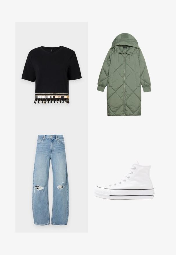 Quiltet lang grøn pufferjakke med hætte, med frontlynlås og to sidelommer. Teksturret diamantmønster over det hele.; Sort cropped t-shirt med korte ærmer, prydet med dekorative kanter af guld- og sølvmønter samt frynser langs kanten.; Lysblå, højtraljede jeans lavet af denim. Har brede ben, to huller ved knæene og klassisk fem-lommes stil.; Hvide høje kanvas sneakers med sort gummisål, gummitåhætte foran og seks øjehuller til snørebånd, der har et rent, minimalistisk design.