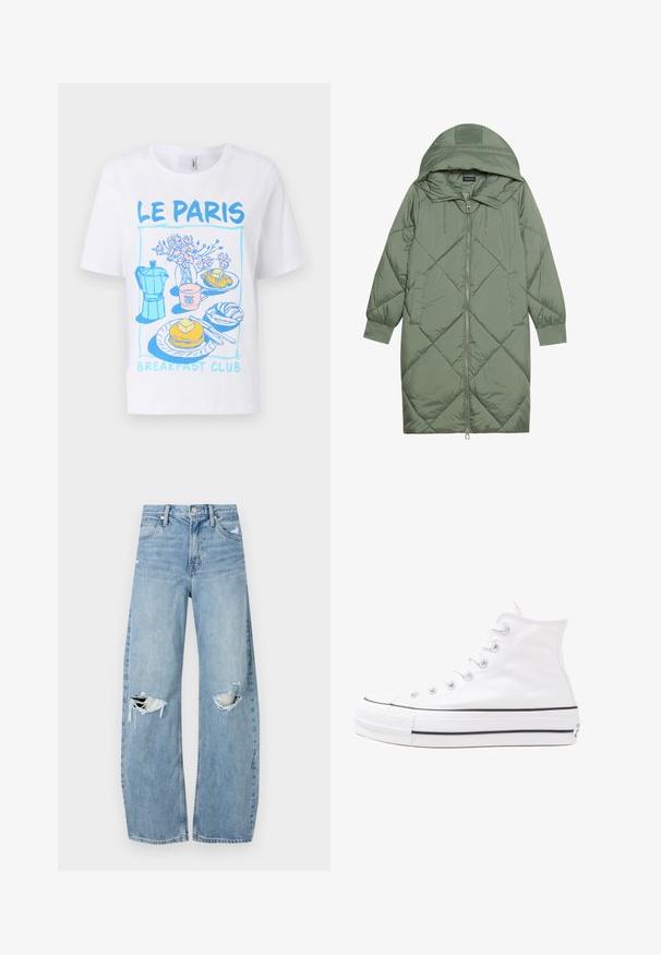 Pistetud pikk roheline puffermantel kapuutsiga, esiküljel tõmblukuga ja kahe küljetaskuga. Kogu pinnal on struktureeritud rombikujundus.; Valge puuvillane t-särk, millel on graafiline disain siniste ja roosade hommikusöögi elementidega, sealhulgas pannkoogid, kohv ja sarvesaiad.; Heledad hallideega sinised teksad, millel on kõrge talje. Teksade jalgadel on lai alus, kaks rebitud kohta põlvede ümber ning klassikaline viie tasku stiil.; Valge kõrgem kangast tenniseking, millel on must kummist tald, ees kummist varvasetugi ja kuus aukku paelte jaoks, pakkudes puhta ja minimalistliku disaini.