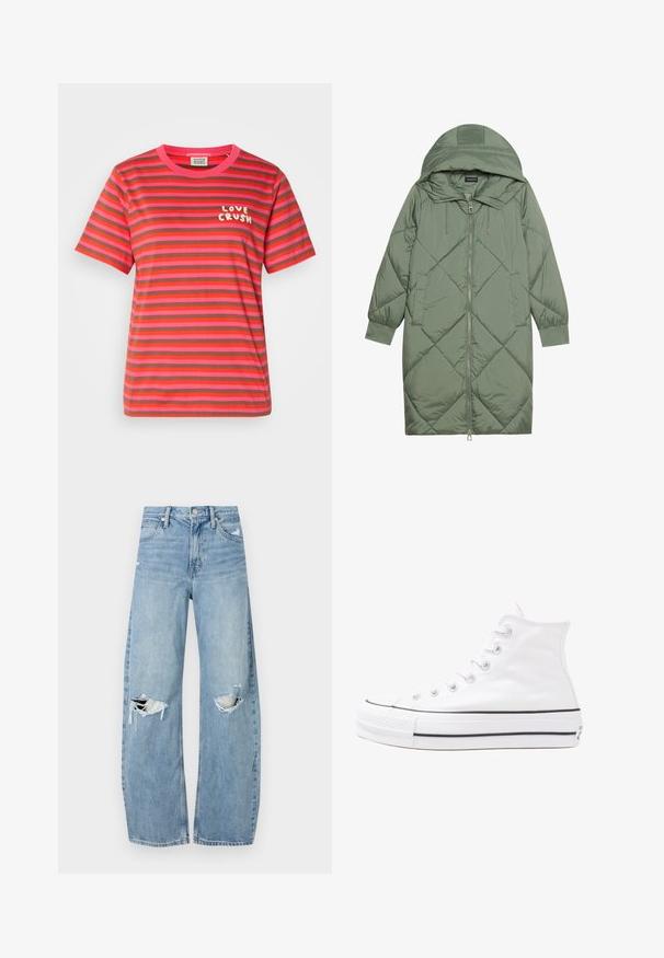 Gequiltede lange groene pufferjas met een capuchon, met een ritssluiting aan de voorkant en twee zijzakken. Gelaagd ruitpatroon overal.; Korte mouw, T-shirt met ronde hals in roze en bruine horizontale strepen. Bevat de tekst "LOVE CRUSH" in het wit op de linkerkant van de borst.; Lichtblauwe, hooggeritste jeans van denim. Beschikken over wijde pijpen, twee gescheurde knievalken en klassieke vijfzakken styling.; Witte high-top canvas sneakers met een zwarte rubberen zool, een rubberen neuskap aan de voorkant en zes gaatjes voor veters, met een schone, minimalistische uitstraling.