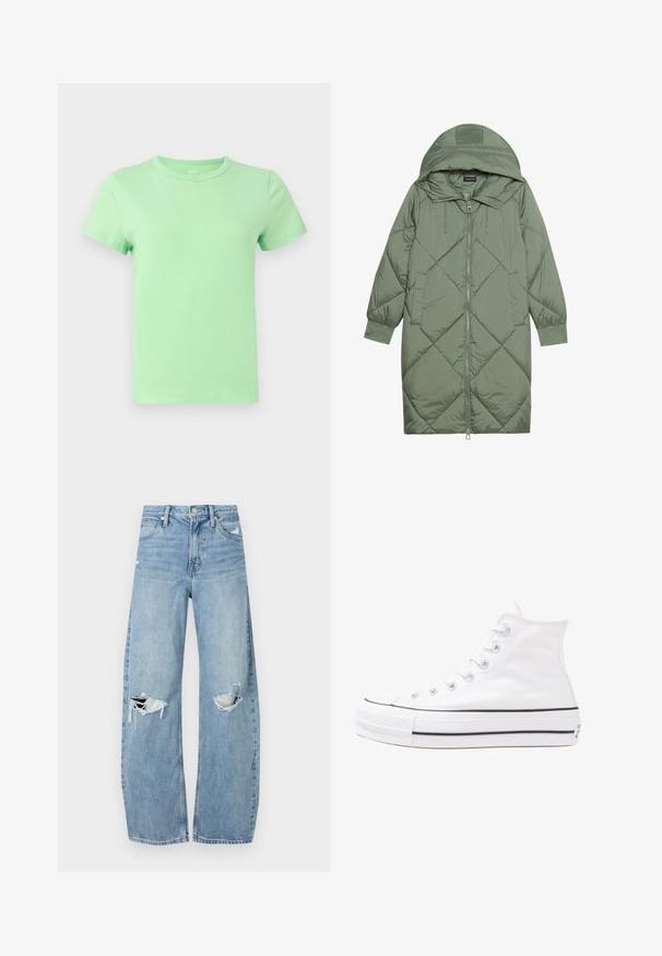 Prostorna dolga zeleni puffer plašč s kapuco, z zadrgo spredaj in dvema stranskima žepoma. Tekstura z diamantnim vzorcem po celotni površini.; Bombažna majica mint zelene barve s kratkimi rokavi, okroglim ovratnikom in ravnim robom. Diskretna tekstura, brez vidnih vzorcev ali grafike.; Svijetloplave traperice visoki struk. Imaju široke nogavice, dva poderana područja na koljenima i klasičan petotoksi stil.; Beli visoki platneni športni čevelj z črnim gumijastim podplatom, sprednjim gumijastim zaščitnikom za prste in šestimi luknjicami za vezalke, ki se ponaša s preprostim, minimalističnim dizajnom.