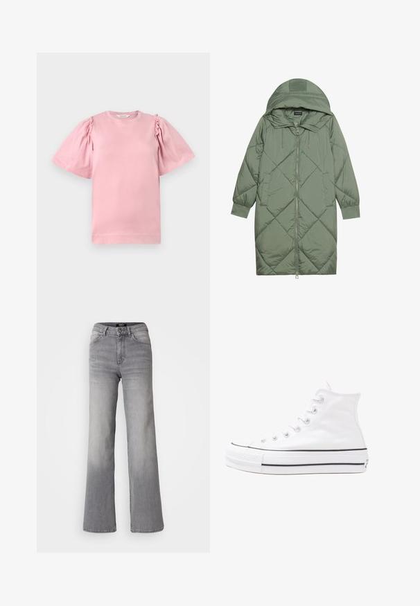 Quiltet lang grøn pufferjakke med hætte, med frontlynlås og to sidelommer. Teksturret diamantmønster over det hele.; Lyserød bomulds-t-shirt med korte pufærmer og samlet detalje på skuldrene. Klassisk rund halsudskæring og lige kant. Blød tekstur.; Højtaljede grå denim jeans med lige ben, med frontknap og lynlås, foran og bagpå lommer, samt nedtoning på lår og lægge.; Hvide høje kanvas sneakers med sort gummisål, gummitåhætte foran og seks øjehuller til snørebånd, der har et rent, minimalistisk design.