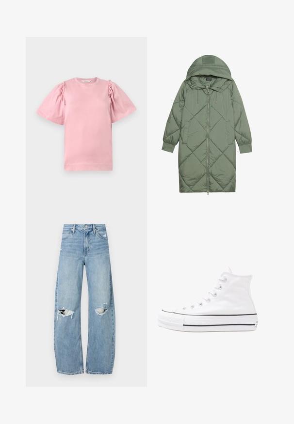 Quilted long green puffer coat with a hood, featuring a front zipper closure and two side pockets. Textured diamond pattern throughout.; Pink cotton t-shirt with short puff sleeves and gathered detail on shoulders. Classic crew neckline and straight hem. Soft texture.; Light blue, high-waisted jeans made of denim. Feature wide legs, two torn knee areas, and classic five-pocket styling.; White high-top canvas sneaker with black rubber sole, front rubber toe cap, and six eyelets for laces, featuring a clean, minimalist design.