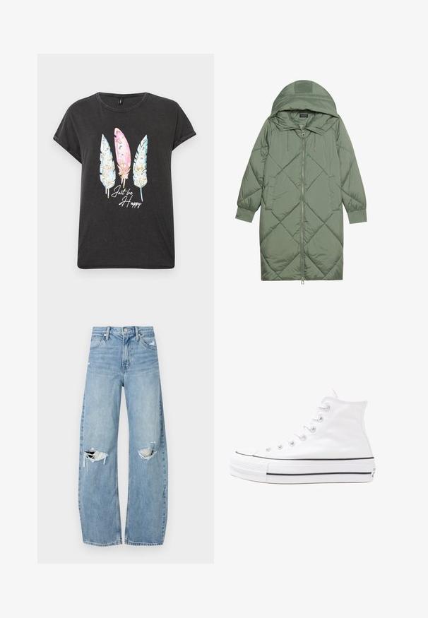 Prošívaný dlouhý zelený péřový kabát s kapucí, který má přední zip a dvě boční kapsy. Po celém povrchu je texturovaný diamantový vzor.; Černé tričko s krátkým rukávem a kulatým výstřihem, s třemi barevnými grafikami per, v růžové a modré barvě, a textem "Jen buď šťastný" v bílé.; Světle modré džíny s vysokým pasem vyrobené z denimu. Mají široké nohavice, dvě roztržené oblasti na kolenou a klasický pětikapsový střih.; Bílé vysoké plátěné tenisky s černou gumovou podrážkou, přední gumovou špičkou a šesti očky na tkaničky, se čistým, minimalistickým designem.