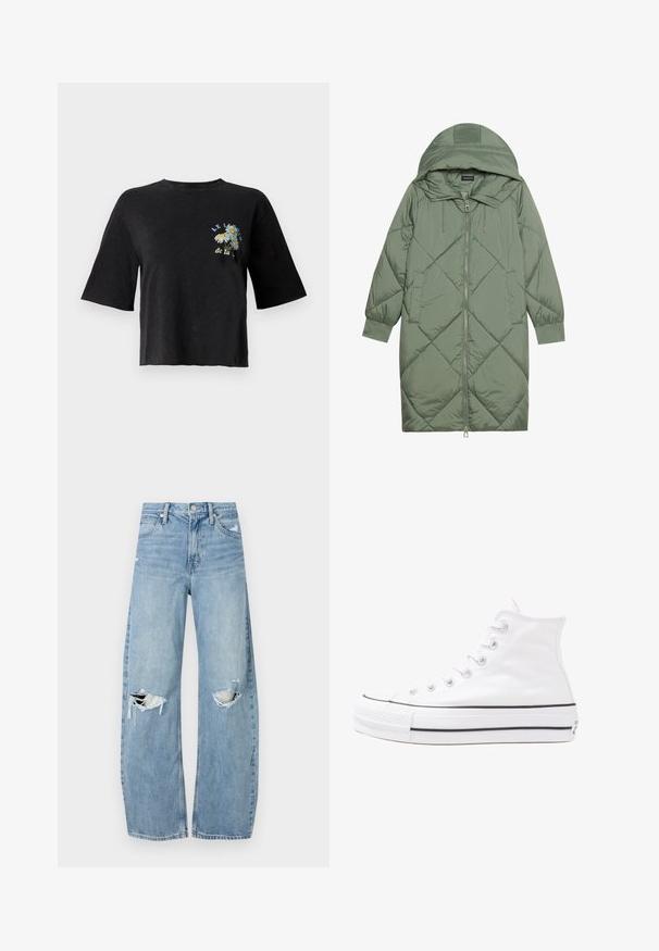 Casaco puffer longo verde acolchoado com capuz, apresentando um fecho frontal com zíper e dois bolsos laterais. Padrão texturizado em forma de diamante por todo o casaco.; T-shirt preto cropped com mangas curtas e decote redondo, apresentando bordados florais e o texto "LE JARDIN de la" na parte da frente.; Jeans de lavagem clara, de cintura alta, feitos de denim. Apresentam pernas largas, duas áreas rasgadas nos joelhos e o estilo clássico de cinco bolsos.; Sapatilha alta de tela branca com sola de borracha preta, bico de borracha na frente e seis ilhós para os atacadores, apresentando um design limpo e minimalista.