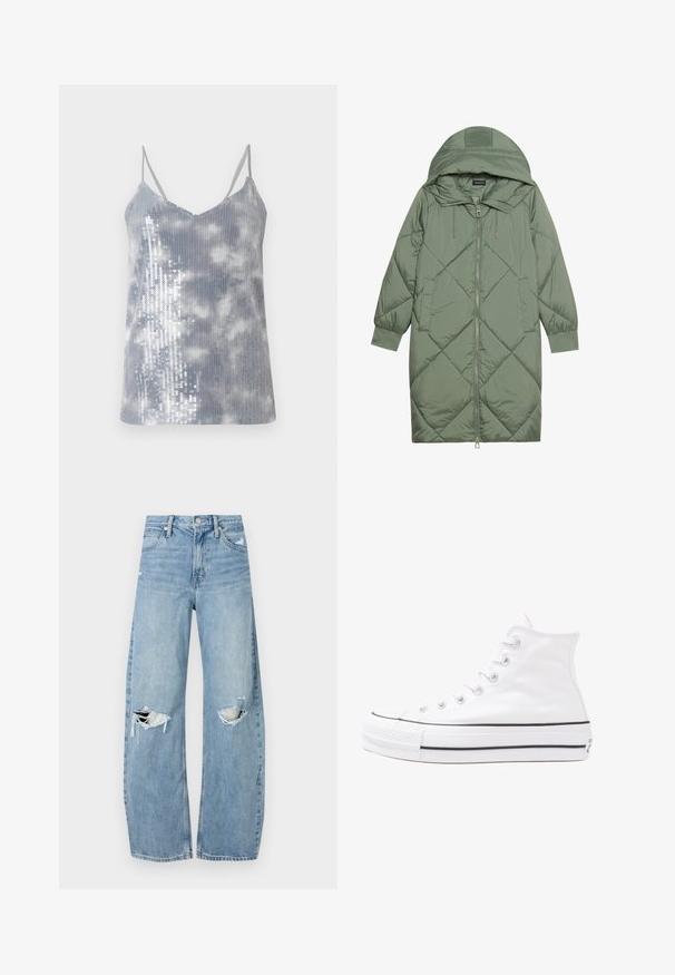 Casaco puffer longo verde acolchoado com capuz, apresentando um fecho frontal com zíper e dois bolsos laterais. Padrão texturizado em forma de diamante por todo o casaco.; Top cinzento sem mangas com um padrão de nuvens claras. Um dos lados apresenta lantejoulas prateadas para adicionar textura e brilho. Design em decote em V com alças finas.; Jeans de lavagem clara, de cintura alta, feitos de denim. Apresentam pernas largas, duas áreas rasgadas nos joelhos e o estilo clássico de cinco bolsos.; Sapatilha alta de tela branca com sola de borracha preta, bico de borracha na frente e seis ilhós para os atacadores, apresentando um design limpo e minimalista.