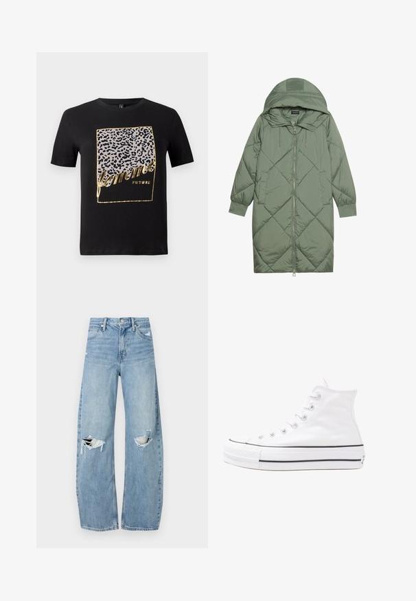 Gequiltede lange groene pufferjas met een capuchon, met een ritssluiting aan de voorkant en twee zijzakken. Gelaagd ruitpatroon overal.; Zwarte katoenen T-shirt met een luipaardprint ontwerp in grijs en goud met de tekst "femme FUTURE" in een gestileerd lettertype. Korte mouwen.; Lichtblauwe, hooggeritste jeans van denim. Beschikken over wijde pijpen, twee gescheurde knievalken en klassieke vijfzakken styling.; Witte high-top canvas sneakers met een zwarte rubberen zool, een rubberen neuskap aan de voorkant en zes gaatjes voor veters, met een schone, minimalistische uitstraling.