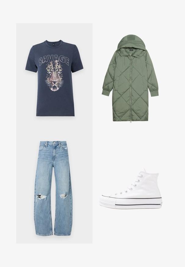 Zelený prešívaný páperový kabát s kapucňou, so zipsovým uzáverom vpredu a dvoma bočnými vreckami. Po celom povrchu je textúrovaný diamantový vzor.; Námornícky modré bavlnené tričko s veľkým potlačeným leopardím tvárou a textom "SAVAGE" nad ním, okrúhly výstrih a krátke rukávy.; Svetlomodré, vysoké džínsy vyrobené z denimu. Majú široké nohavice, dve roztrhnuté kolená a klasický päťvreckový strih.; Biele vysoké plátené tenisky s čiernou gumovou podošvou, prednou gumovou špičkou a šiestimi okami na šnúrky, s čistým, minimalistickým dizajnom.