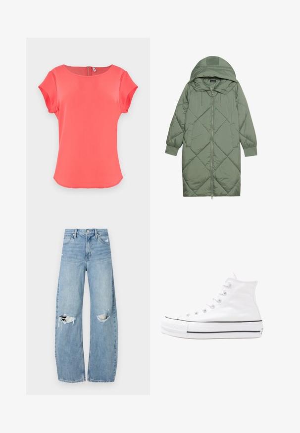 Cappotto lungo imbottito verde con un cappuccio, caratterizzato da una chiusura frontale a zip e due tasche laterali. Motivo a rombi testurizzati su tutta la superficie.; Top corallo a maniche corte con scollatura rotonda, texture liscia e chiusura con zip sul retro. Design semplice e pulito con orlo leggermente curvato.; Jeans azzurri chiari a vita alta realizzati in denim. Presentano gambe larghe, due aree strappate sulle ginocchia e il classico styling a cinque tasche.; Sneaker alta in tela bianca con suola in gomma nera, punta in gomma frontale e sei asole per i lacci, caratterizzata da un design pulito e minimalista.