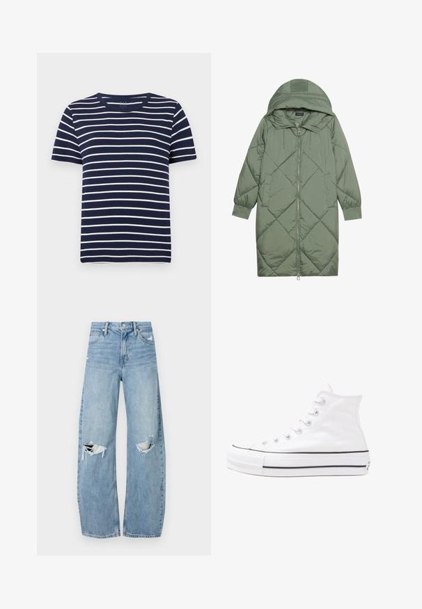 Prostorna dolga zeleni puffer plašč s kapuco, z zadrgo spredaj in dvema stranskima žepoma. Tekstura z diamantnim vzorcem po celotni površini.; Temno modra kratka majica s kratkimi rokavi z belimi horizontalnimi črtami, okroglim vratnim izrezom in mehkimi bombažnimi materiali. Preprost, klasičen dizajn.; Svijetloplave traperice visoki struk. Imaju široke nogavice, dva poderana područja na koljenima i klasičan petotoksi stil.; Beli visoki platneni športni čevelj z črnim gumijastim podplatom, sprednjim gumijastim zaščitnikom za prste in šestimi luknjicami za vezalke, ki se ponaša s preprostim, minimalističnim dizajnom.