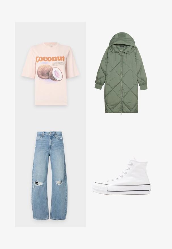 Abrigo acolchado largo verde tipo puffer con capucha, que presenta un cierre frontal con cremallera y dos bolsillos laterales. Patrón de diamantes texturizado en toda su superficie.; Camiseta de algodón de color rosa claro con un gráfico de un coco, con texto en naranja y púrpura. Mangas cortas, corte relajado, textura suave.; Vaqueros de mezclilla de tiro alto en azul claro. Tienen piernas anchas, dos áreas desgastadas en las rodillas y un estilo clásico de cinco bolsillos.; Zapatilla de lona alta blanca con suela de goma negra, puntera de goma frontal y seis ojetes para los cordones, que presenta un diseño limpio y minimalista.