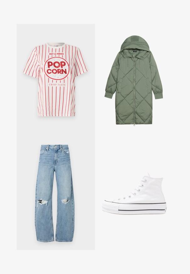 Pistetud pikk roheline puffermantel kapuutsiga, esiküljel tõmblukuga ja kahe küljetaskuga. Kogu pinnal on struktureeritud rombikujundus.; Valge T-särk punaste vertikaalsete triipudega, millel on ringikujuline popkornigraafika ja säravad punased tekstid "POP CORN" ning "CRISP TASTE" all.; Heledad hallideega sinised teksad, millel on kõrge talje. Teksade jalgadel on lai alus, kaks rebitud kohta põlvede ümber ning klassikaline viie tasku stiil.; Valge kõrgem kangast tenniseking, millel on must kummist tald, ees kummist varvasetugi ja kuus aukku paelte jaoks, pakkudes puhta ja minimalistliku disaini.