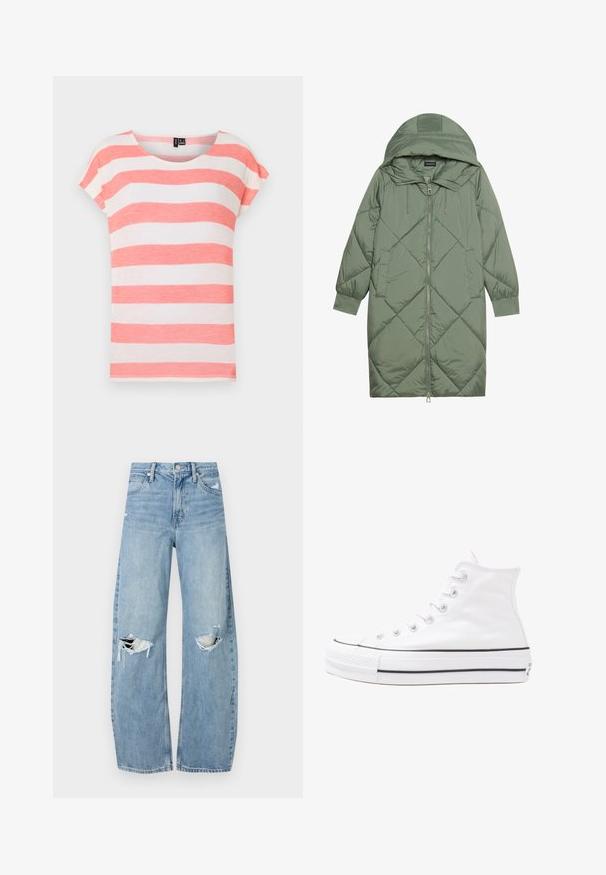 Vihreä vuorattu pitkänmallinen puhvitakki, jossa on huppu, etuvetoketju ja kaksi sivutaskua. Koko takin pinta on teksturoidussa timanttikuviossa.; Raidallinen t-paita, jossa on korallinvärisiä ja valkoisia vaakaraitoja, pyöreä kaula-aukko ja lyhyet hihat. Valmistettu kevyestä, rakenteellisesta kankaasta.; Vaaleansiniset, korkeavyötäröiset farkut, jotka on valmistettu denimmateriaalista. Ominaisuuksiin kuuluvat leveät lahkeet, kaksi revittyä polvialuetta ja klassinen viiden taskun tyyli.; Valkoiset korkeavartiset kangaskengät mustalla kumipohjalla, edessä kuminen varvasosa ja kuusi nauha-aukkoa, puhtaan minimalistisella muotoilulla.