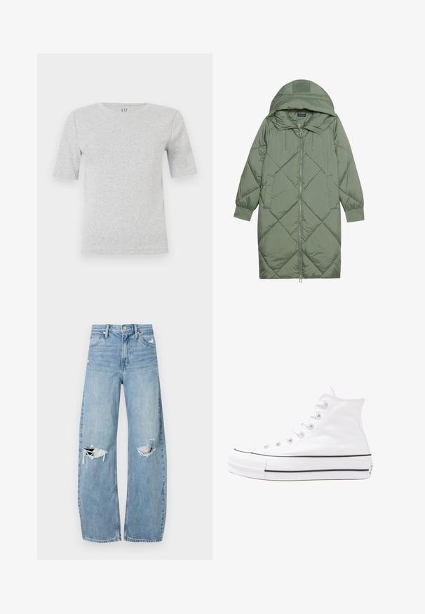 Quiltuotas ilgas žalias pūkinis paltas su kapuce, turintis priekinį užtrauktuką ir dvi šonines kišenes. Visame paviršiuje yra tekstūrinis rombų raštas.; Pilkas trumpas rankovės marškinėliai, pagaminti iš švelnios medvilnės mišinio, su apvaliu iškirpimu ir minimaliu siuvimo detalių. Logotipas matomas ties iškirpte.; Šviesiai mėlynos, aukštu juosmeniu džinsai pagaminti iš džinsinio audinio. Turi plačias kojų kelnes, dvi suplėšytas kelio vietas ir klasikinį penkių kišenių dizainą.; Balti aukštakulniai drobės sportbačiai su juodu guminio pado, priekinio guminio piršto dangteliu ir šešiais akytėmis raištams, pasižymintys švariu, minimalistiniu dizainu.