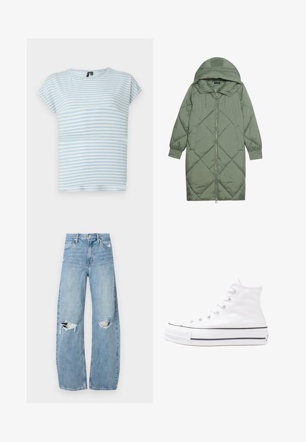 Steppelt, hosszú zöld pufikabát kapucnival, elöl cipzáras záródással és két oldalsó zsebből áll. Az anyagon teljes hosszában váltakozó gyémántmintázat található.; Világoskék csíkos póló, puha pamutból készült. Rövid ujjakkal és kerek nyakkivágással rendelkezik. Vízszintes csíkok változó szélességben.; Világoskék, magas derekú farmernadrág. Széles lábakkal, két szakadt térddel és klasszikus öt zsebes dizájnnal rendelkezik.; Fehér magaskorsó vászon sportcipő fekete gumi talppal, elülső gumi orrnyereggel és hat fűzőlyukkal, letisztult, minimalista dizájnnal.