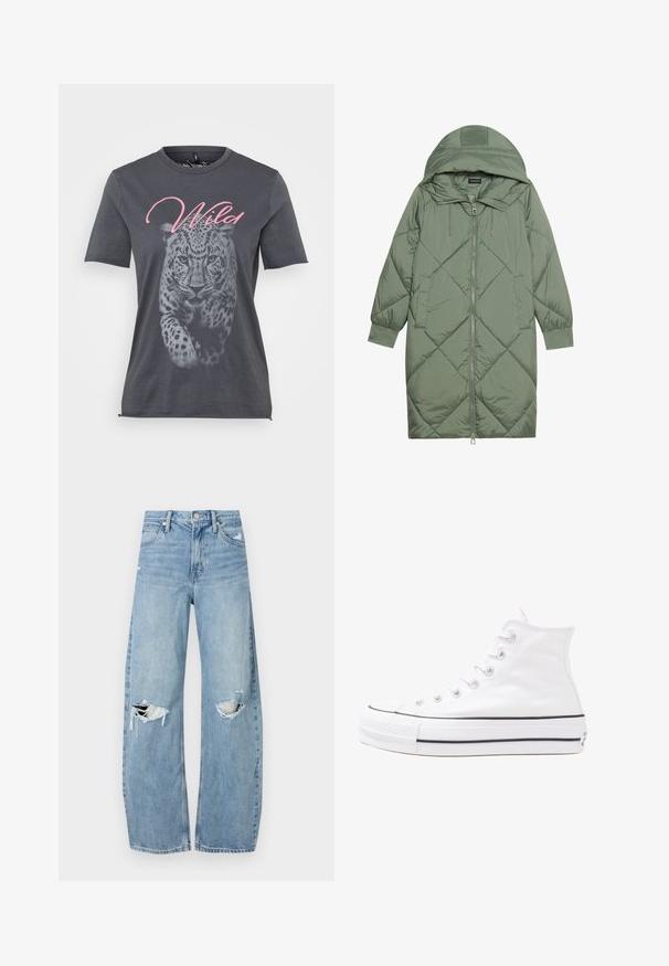 Quilted long green puffer coat with a hood, featuring a front zipper closure and two side pockets. Textured diamond pattern throughout.; Gray cotton t-shirt featuring a leopard graphic in black and white, with the word "Wild" in pink cursive above the design. Short sleeves.; Light blue, high-waisted jeans made of denim. Feature wide legs, two torn knee areas, and classic five-pocket styling.; White high-top canvas sneaker with black rubber sole, front rubber toe cap, and six eyelets for laces, featuring a clean, minimalist design.