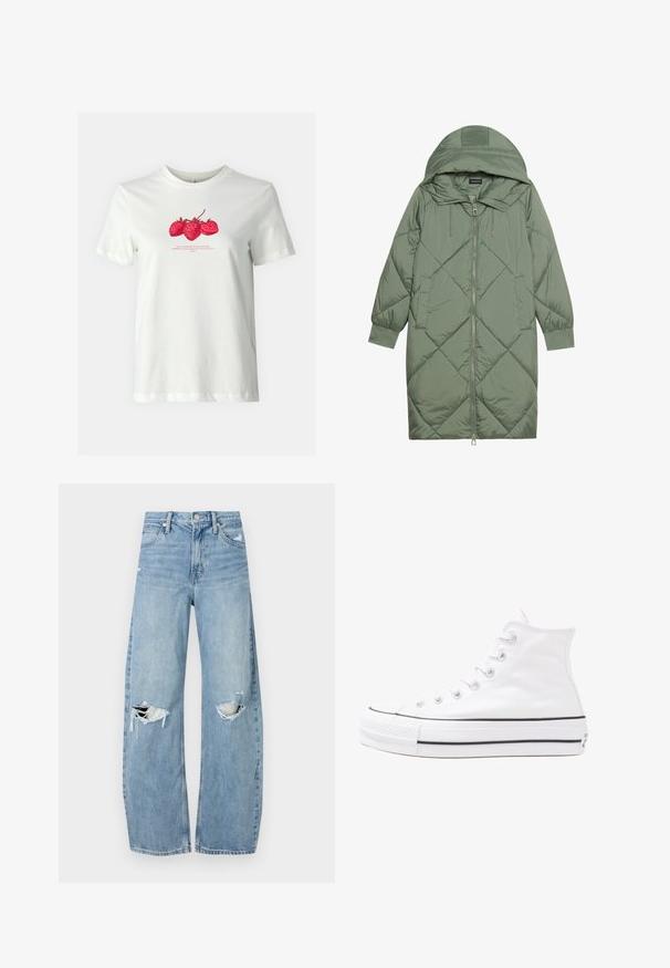 Quiltet lang grøn pufferjakke med hætte, med frontlynlås og to sidelommer. Teksturret diamantmønster over det hele.; ONLY ONLKATE TEE - T-shirts print - cloud dancer; Lysblå, højtraljede jeans lavet af denim. Har brede ben, to huller ved knæene og klassisk fem-lommes stil.; Hvide høje kanvas sneakers med sort gummisål, gummitåhætte foran og seks øjehuller til snørebånd, der har et rent, minimalistisk design.