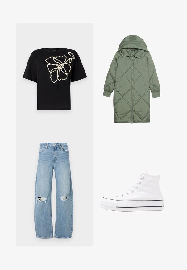 Quiltuotas ilgas žalias pūkinis paltas su kapuce, turintis priekinį užtrauktuką ir dvi šonines kišenes. Visame paviršiuje yra tekstūrinis rombų raštas.; Juodas trumpas rankovės marškinėlis su gėlių dizainu tekstūruota kreminę siuvinėjimu priekyje, su laisvu siluetu ir apvaliu kaklu.; Šviesiai mėlynos, aukštu juosmeniu džinsai pagaminti iš džinsinio audinio. Turi plačias kojų kelnes, dvi suplėšytas kelio vietas ir klasikinį penkių kišenių dizainą.; Balti aukštakulniai drobės sportbačiai su juodu guminio pado, priekinio guminio piršto dangteliu ir šešiais akytėmis raištams, pasižymintys švariu, minimalistiniu dizainu.