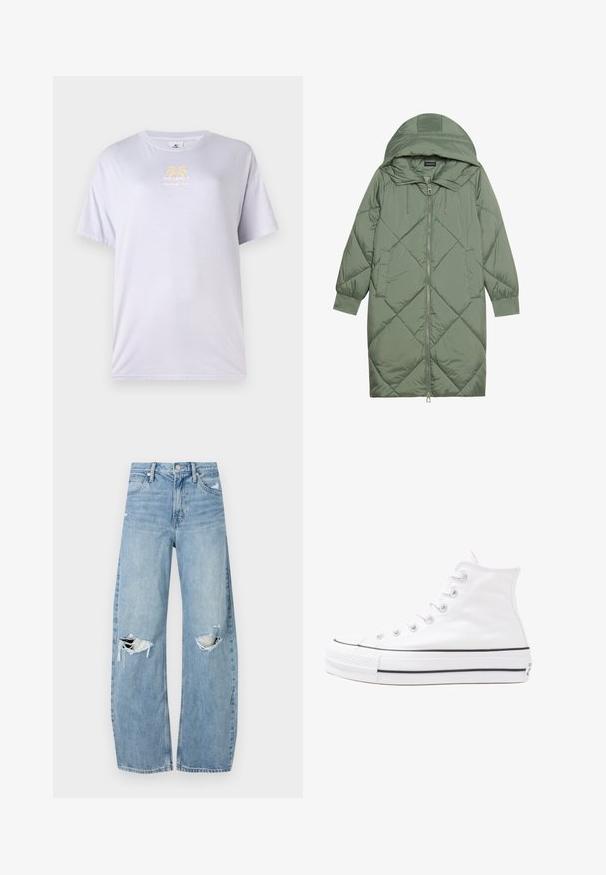 Casaco puffer longo verde acolchoado com capuz, apresentando um fecho frontal com zíper e dois bolsos laterais. Padrão texturizado em forma de diamante por todo o casaco.; T-shirt de algodão lavanda clara com decote redondo, mangas curtas e uma estampa gráfica dourada com palmeiras na frente.; Jeans de lavagem clara, de cintura alta, feitos de denim. Apresentam pernas largas, duas áreas rasgadas nos joelhos e o estilo clássico de cinco bolsos.; Sapatilha alta de tela branca com sola de borracha preta, bico de borracha na frente e seis ilhós para os atacadores, apresentando um design limpo e minimalista.