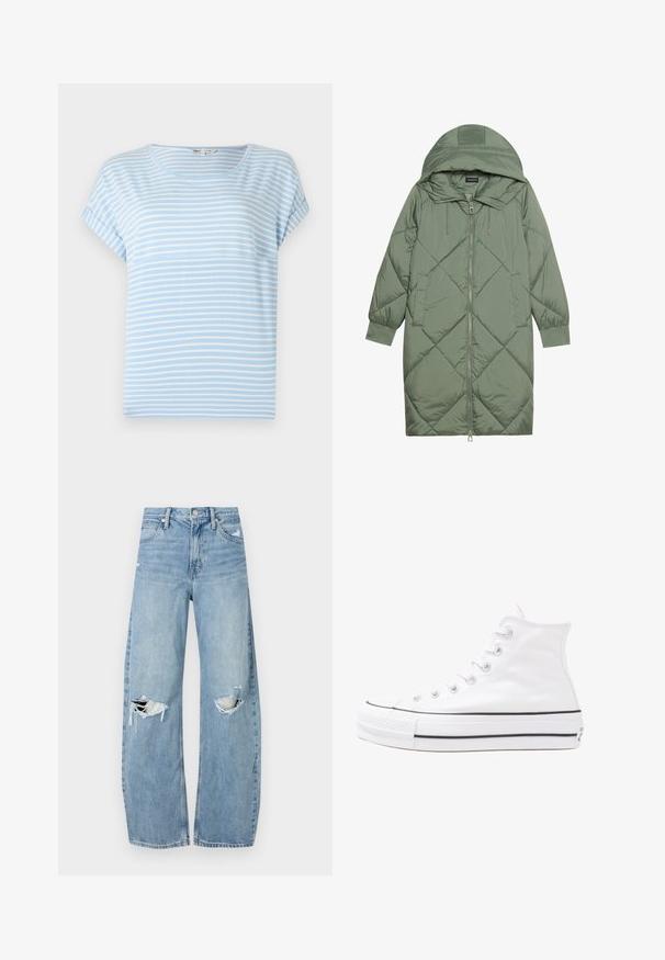 Quiltet lang grøn pufferjakke med hætte, med frontlynlås og to sidelommer. Teksturret diamantmønster over det hele.; Lyseblå T-shirt med korte ærmer og hvide vandrette striber, rund halsudskæring og en afslappet pasform. Blødt stof med minimal tekstur.; Lysblå, højtraljede jeans lavet af denim. Har brede ben, to huller ved knæene og klassisk fem-lommes stil.; Hvide høje kanvas sneakers med sort gummisål, gummitåhætte foran og seks øjehuller til snørebånd, der har et rent, minimalistisk design.