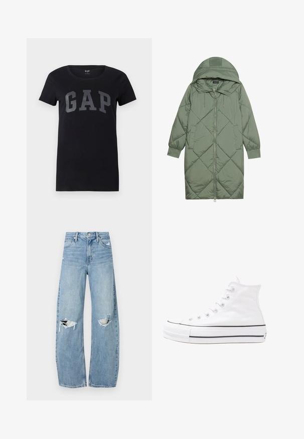 Quiltet lang grøn pufferjakke med hætte, med frontlynlås og to sidelommer. Teksturret diamantmønster over det hele.; Sort kortærmet t-shirt lavet af bomuld med rund hals. Har et iøjnefaldende gråt "GAP" logo trykt på forsiden.; Lysblå, højtraljede jeans lavet af denim. Har brede ben, to huller ved knæene og klassisk fem-lommes stil.; Hvide høje kanvas sneakers med sort gummisål, gummitåhætte foran og seks øjehuller til snørebånd, der har et rent, minimalistisk design.
