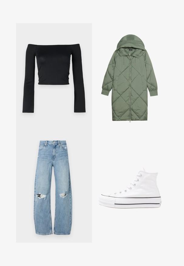Quiltet lang grønn pufferjakke med hette, med en frontglidelås og to sidelommer. Teksturerte diamantmønster overalt.; Svart crop top med lange, tettsittende ermer og off-the-shoulder halslinje, laget av mykt, glatt stoff. Enkel og tettsittende design.; Lyseblå høytlivsjeans laget av denim. Har vide bein, to revne knær og klassisk fem-lommers design.; Hvit høy-skinn kanvas sneakers med svart gummisåle, gummitåhette foran og seks hull for snorer, med et rent, minimalistisk design.