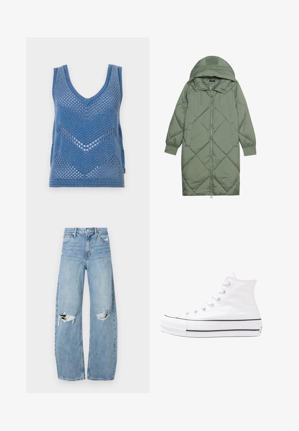 Steppelt, hosszú zöld pufikabát kapucnival, elöl cipzáras záródással és két oldalsó zsebből áll. Az anyagon teljes hosszában váltakozó gyémántmintázat található.; Kék kötött ujjatlan póló, mély V-kivágással, chevron mintával és nyitott hálós dizájnnal. A szélek szilárd kötött befejezéssel rendelkeznek.; Világoskék, magas derekú farmernadrág. Széles lábakkal, két szakadt térddel és klasszikus öt zsebes dizájnnal rendelkezik.; Fehér magaskorsó vászon sportcipő fekete gumi talppal, elülső gumi orrnyereggel és hat fűzőlyukkal, letisztult, minimalista dizájnnal.