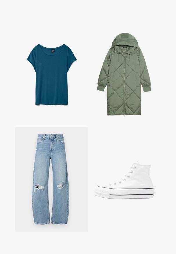 Puchowy, długi, zielony płaszcz z kapturem, z zamkiem błyskawicznym z przodu i dwoma bocznymi kieszeniami. Całość pokryta fakturowanym wzorem diamentowym.; Zielona koszulka z krótkim rękawem i okrągłym dekoltem, wykonana z miękkiego materiału, z luźnym krojem i gładką fakturą.; Jasnoniebieskie, wysokiej talii dżinsy wykonane z denimu. Posiadają szerokie nogawki, dwa podarte miejsca na kolanach oraz klasyczne pięć kieszeni.; Białe wysokie trampki z płótna z czarną gumową podeszwą, przednim czubkiem z gumy i sześcioma dziurkami na sznurowadła, charakteryzujące się prostym, minimalistycznym designem.