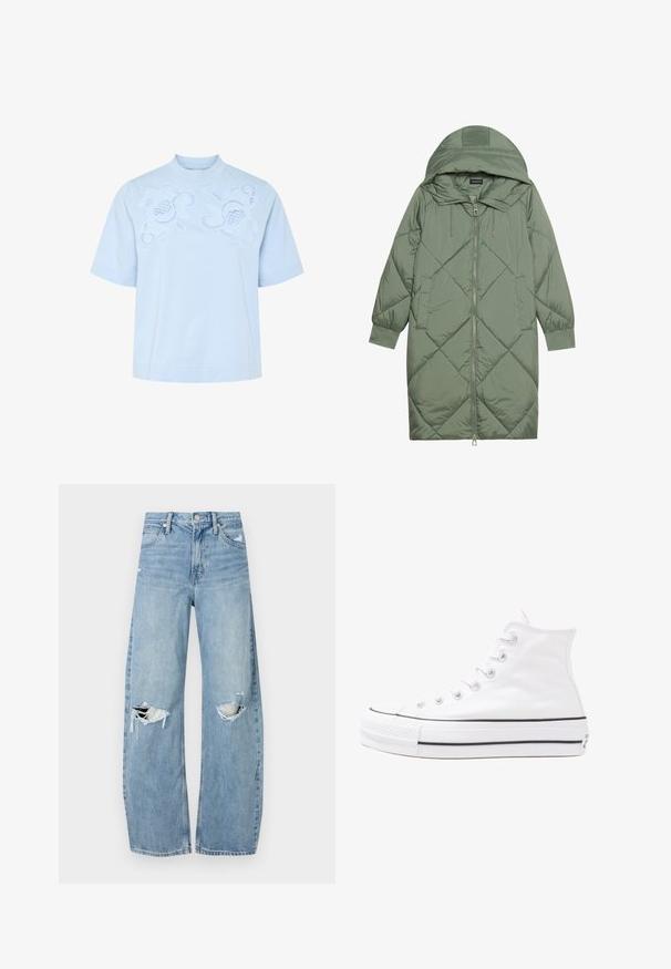 Abrigo acolchado largo verde tipo puffer con capucha, que presenta un cierre frontal con cremallera y dos bolsillos laterales. Patrón de diamantes texturizado en toda su superficie.; Top corto de manga corta de color azul claro con un cuello alto, que presenta intrincados diseños florales bordados en blanco en la parte delantera. Material de algodón suave.; Vaqueros de mezclilla de tiro alto en azul claro. Tienen piernas anchas, dos áreas desgastadas en las rodillas y un estilo clásico de cinco bolsillos.; Zapatilla de lona alta blanca con suela de goma negra, puntera de goma frontal y seis ojetes para los cordones, que presenta un diseño limpio y minimalista.