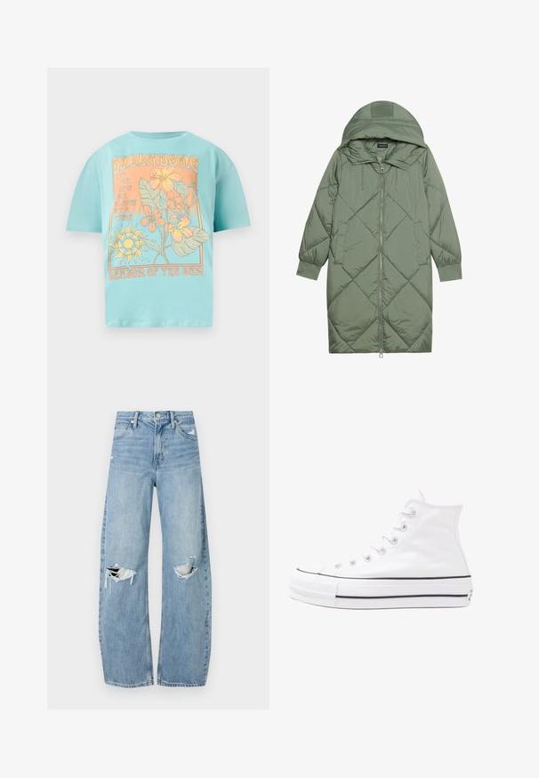 Abrigo acolchado largo verde tipo puffer con capucha, que presenta un cierre frontal con cremallera y dos bolsillos laterales. Patrón de diamantes texturizado en toda su superficie.; Camiseta de algodón turquesa con un corte holgado, que presenta un gráfico floral y del sol en naranja y crema, etiquetada como "Temporada del Sol".; Vaqueros de mezclilla de tiro alto en azul claro. Tienen piernas anchas, dos áreas desgastadas en las rodillas y un estilo clásico de cinco bolsillos.; Zapatilla de lona alta blanca con suela de goma negra, puntera de goma frontal y seis ojetes para los cordones, que presenta un diseño limpio y minimalista.