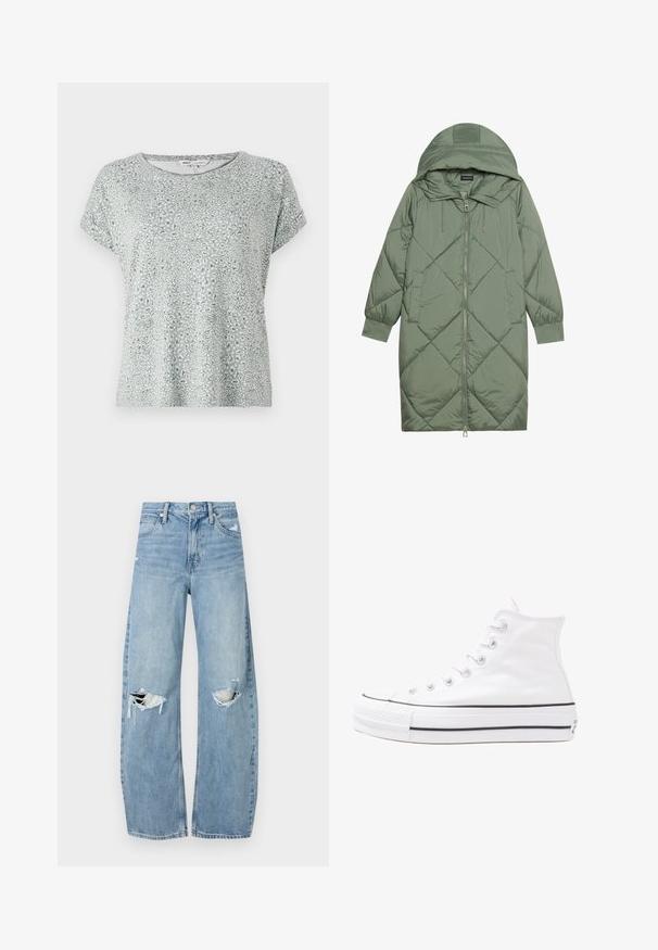 Pistetud pikk roheline puffermantel kapuutsiga, esiküljel tõmblukuga ja kahe küljetaskuga. Kogu pinnal on struktureeritud rombikujundus.; Hele roheline T-särk, millel on leopardimuster, ümmargune kaelus, lühikesed varrukad ja pehme, tekstuuriga kangas. Looduslik ja lõdva lõikega disain.; Heledad hallideega sinised teksad, millel on kõrge talje. Teksade jalgadel on lai alus, kaks rebitud kohta põlvede ümber ning klassikaline viie tasku stiil.; Valge kõrgem kangast tenniseking, millel on must kummist tald, ees kummist varvasetugi ja kuus aukku paelte jaoks, pakkudes puhta ja minimalistliku disaini.