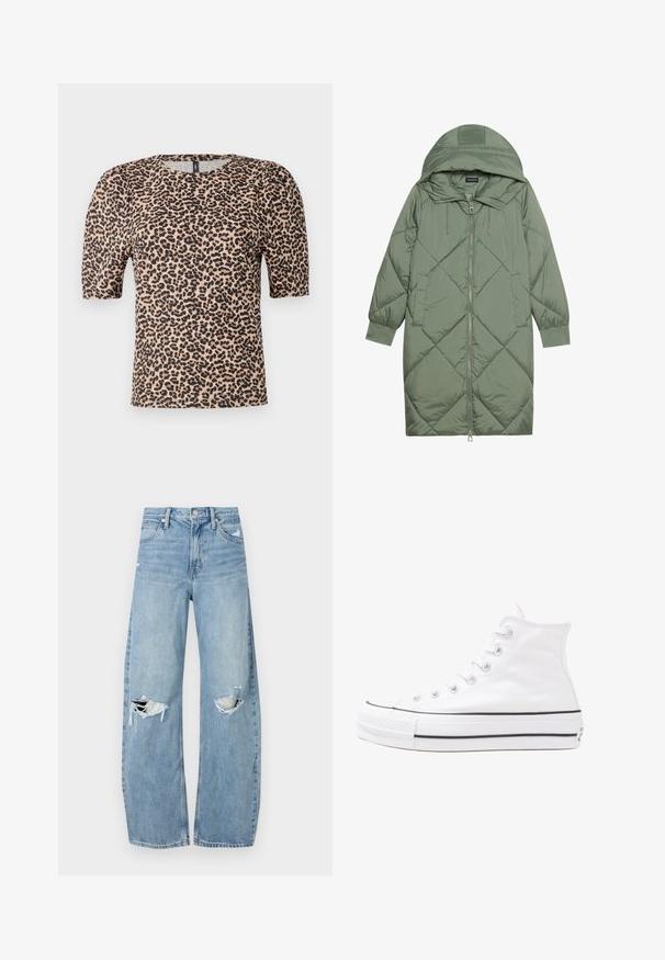 Quilted long green puffer coat with a hood, featuring a front zipper closure and two side pockets. Textured diamond pattern throughout.; Leopard print t-shirt with short puff sleeves, round neckline, made of lightweight fabric, featuring a tan base and black spots.; Light blue, high-waisted jeans made of denim. Feature wide legs, two torn knee areas, and classic five-pocket styling.; White high-top canvas sneaker with black rubber sole, front rubber toe cap, and six eyelets for laces, featuring a clean, minimalist design.
