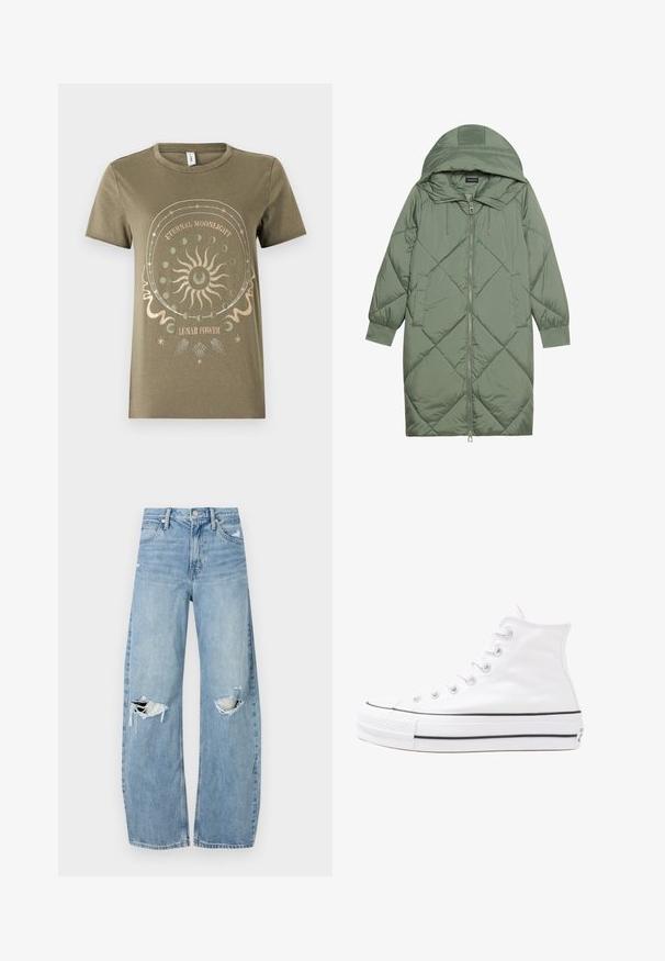 Gesteppten langer grüner Daunenmantel mit Kapuze, mit einem Reißverschluss vorne und zwei Seitentaschen. Strukturiertes Rautenmuster auf der gesamten Fläche.; Olivgrüne Baumwoll-T-Shirt mit kurzen Ärmeln, Rundhalsausschnitt, mit einem kreisförmigen grafischen Mondmotiv in metallic Gold und weißen Akzenten.; Helles, hochtailliertes Jeans aus Denim. Hat weit geschnittene Beine, zwei aufgerissene Kniebereiche und klassischen Fünf-Taschen-Stil.; Weiße hochwertige Leinensneaker mit schwarzer Gummisohle, vorderem Gummizehenschutz und sechs Ösen für Schnürsenkel, die ein sauberes, minimalistisches Design aufweisen.