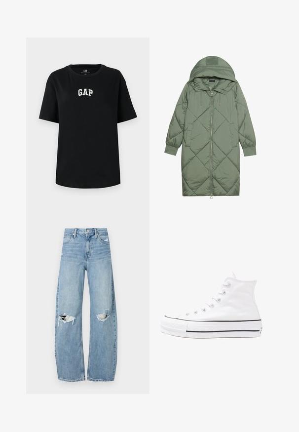 Izšūts garš zaļš pūšļa mētelis ar kapuci, ar priekšējo rāvējslēdzēju un divām sānu kabatām. Visā virsmā ir teksturēta dimanta raksts.; Melnas kokvilnas t-krekls ar īsām piedurknēm, priekšpusē ar baltu izšūtu "GAP" logotipu. Apaļa izgriezne un brīvs piegriezums.; Gaiši zili, augstās vidukļa džinsi, kas izgatavoti no denima. Iespējas plašas kājas, divas plēstas ceļa daļas un klasiskā piecu kabatu dizains.; Balti augstie kanvas sporta apavi ar melnu gumijas zoli, priekšējo gumijas purngalu un sešām acīm lencēm, kuriem ir tīrs, minimālistisks dizains.