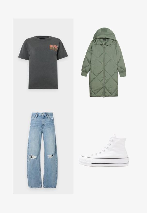 Izšūts garš zaļš pūšļa mētelis ar kapuci, ar priekšējo rāvējslēdzēju un divām sānu kabatām. Visā virsmā ir teksturēta dimanta raksts.; Tumši pelēks kokvilnas T-krekls ar apaļu kaklu. Uz kreisā krūšu laukuma ir sarkans un dzeltens AC/DC logo un uzraksts. Īsas piedurknes, brīva piegriezuma.; Gaiši zili, augstās vidukļa džinsi, kas izgatavoti no denima. Iespējas plašas kājas, divas plēstas ceļa daļas un klasiskā piecu kabatu dizains.; Balti augstie kanvas sporta apavi ar melnu gumijas zoli, priekšējo gumijas purngalu un sešām acīm lencēm, kuriem ir tīrs, minimālistisks dizains.