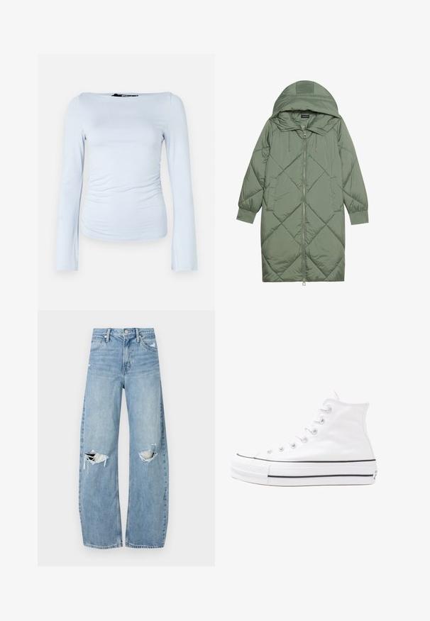 Steppelt, hosszú zöld pufikabát kapucnival, elöl cipzáras záródással és két oldalsó zsebből áll. Az anyagon teljes hosszában váltakozó gyémántmintázat található.; Világoskék, hosszúujjú felső, puha, rugalmas anyagból, amely hajónyakú és oldalán ráncolt részletekkel rendelkezik, hogy illeszkedő siluettet biztosítson.; Világoskék, magas derekú farmernadrág. Széles lábakkal, két szakadt térddel és klasszikus öt zsebes dizájnnal rendelkezik.; Fehér magaskorsó vászon sportcipő fekete gumi talppal, elülső gumi orrnyereggel és hat fűzőlyukkal, letisztult, minimalista dizájnnal.