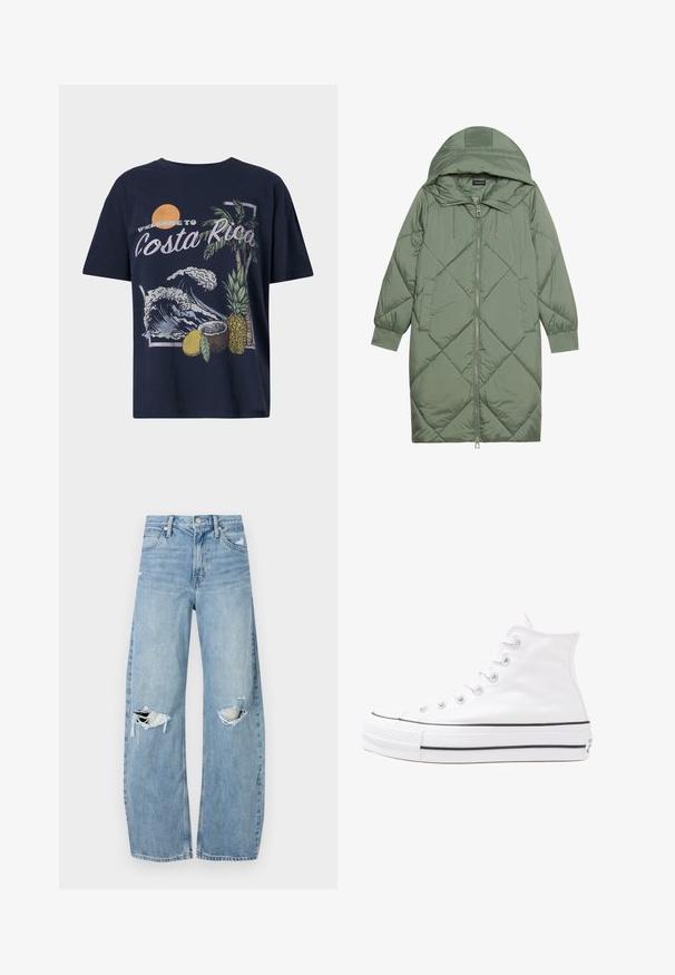 Κοντό πράσινο πούπερ μπουφάν με κουκούλα, διαθέτοντας κεντρικό φερμουάρ και δύο πλαϊνές τσέπες. Υφασμάτινο σχέδιο με ρόμβους σε όλη την επιφάνεια.; Ναυτικό μπλε βαμβακερό t-shirt με γραφικό «Καλώς ήρθατε στην Κόστα Ρίκα», συνδυασμένο με κύματα, φοινικόδεντρο, ανανά και εικονογραφήσεις καρύδας.; Ανοιχτόμπλε, ψηλόμεσα τζιν φτιαγμένα από τζιν ύφασμα. Διαθέτουν φαρδιές καμπάνες, δύο σκισμένα γόνατα και κλασικό στιλ πέντε τσεπών.; Λευκό ψηλό καμβαδάκι αθλητικό παπούτσι με μαύρη καουτσούκ σόλα, πρόσθιο καουτσούκ καλύμματος δακτύλου και έξι οπές για κορδόνια, με μια καθαρή και μίνιμαλ σχεδίαση.
