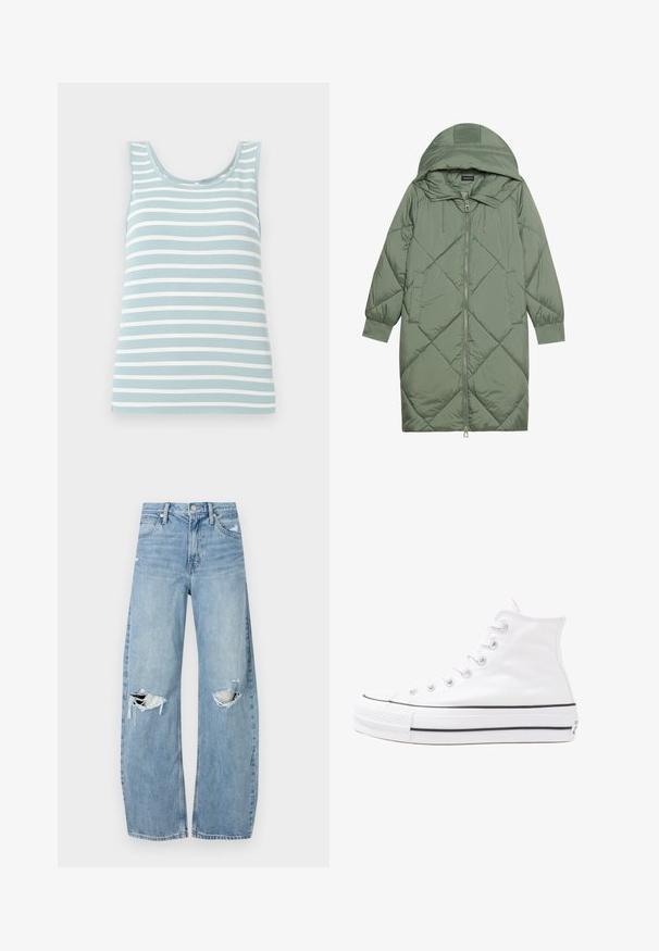 Quiltuotas ilgas žalias pūkinis paltas su kapuce, turintis priekinį užtrauktuką ir dvi šonines kišenes. Visame paviršiuje yra tekstūrinis rombų raštas.; Šviesiai mėlynas marškinėlių topas su baltais horizontaliais dryžiais, pagamintas iš minkštos medžiagos. Turi apvalų iškirpimą ir be rankovių dizainą.; Šviesiai mėlynos, aukštu juosmeniu džinsai pagaminti iš džinsinio audinio. Turi plačias kojų kelnes, dvi suplėšytas kelio vietas ir klasikinį penkių kišenių dizainą.; Balti aukštakulniai drobės sportbačiai su juodu guminio pado, priekinio guminio piršto dangteliu ir šešiais akytėmis raištams, pasižymintys švariu, minimalistiniu dizainu.