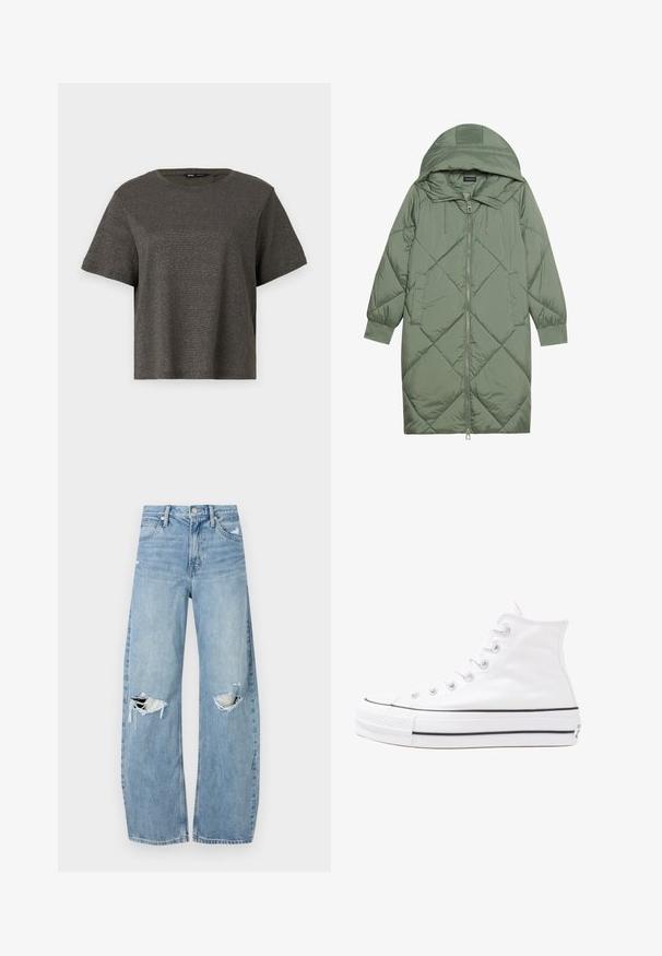 Steppelt, hosszú zöld pufikabát kapucnival, elöl cipzáras záródással és két oldalsó zsebből áll. Az anyagon teljes hosszában váltakozó gyémántmintázat található.; Rövid ujjú, sötétszürke póló, amely enyhe fémes fényű, kerek nyakkivágással és laza szabással rendelkezik. Simább textúrájú, látható minták vagy díszítések nélkül.; Világoskék, magas derekú farmernadrág. Széles lábakkal, két szakadt térddel és klasszikus öt zsebes dizájnnal rendelkezik.; Fehér magaskorsó vászon sportcipő fekete gumi talppal, elülső gumi orrnyereggel és hat fűzőlyukkal, letisztult, minimalista dizájnnal.