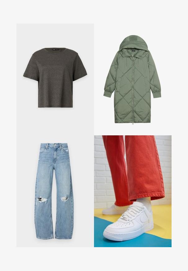 Quilted long green puffer coat with a hood, featuring a front zipper closure and two side pockets. Textured diamond pattern throughout.; Short-sleeve, dark gray T-shirt with a subtle metallic sheen, crew neck, and loose fit. Smooth texture with no visible patterns or accents.; Light blue, high-waisted jeans made of denim. Feature wide legs, two torn knee areas, and classic five-pocket styling.; White leather sneaker with perforated toe box, textured sole, and white laces, paired with wide red pants and a blue and yellow background.