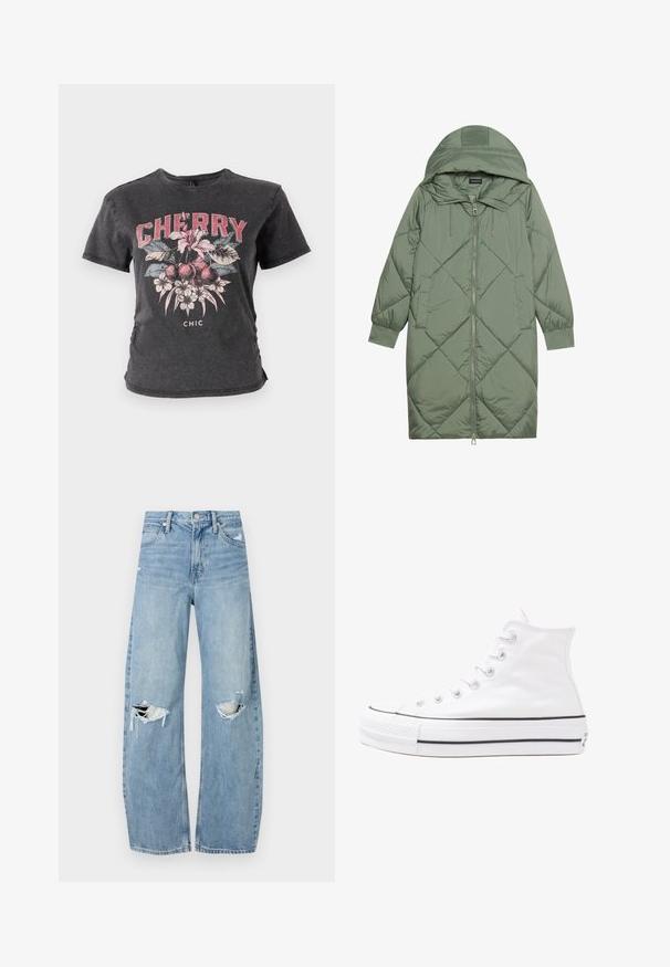 Pistetud pikk roheline puffermantel kapuutsiga, esiküljel tõmblukuga ja kahe küljetaskuga. Kogu pinnal on struktureeritud rombikujundus.; Must t-särk mustast puuvillast, millel on graafiline print kirssidest ja lilltest punases ja roosas värvitoonis ning sõna "CHERRY" rasvastes tähtedes.; Heledad hallideega sinised teksad, millel on kõrge talje. Teksade jalgadel on lai alus, kaks rebitud kohta põlvede ümber ning klassikaline viie tasku stiil.; Valge kõrgem kangast tenniseking, millel on must kummist tald, ees kummist varvasetugi ja kuus aukku paelte jaoks, pakkudes puhta ja minimalistliku disaini.
